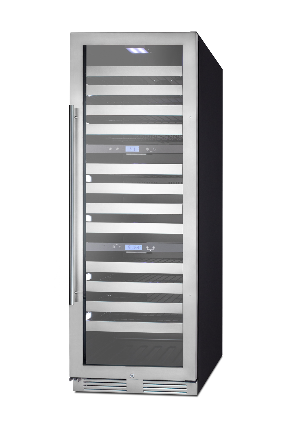 Triple zone 149 bottle commercial wine cellar for built-in or freestanding use, with a glass door with seamless stainless steel trim, digital thermostats, full-extension shelving, and factory-installed lock